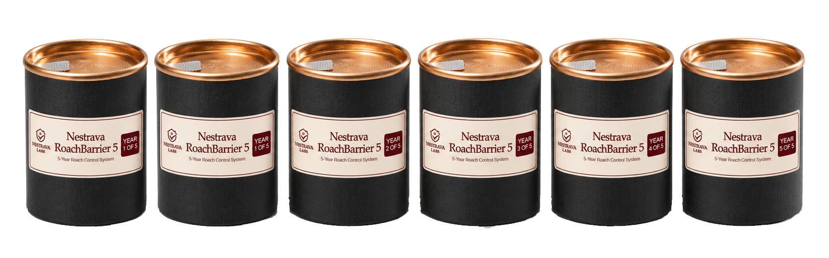 Six Nestrava RoachBarrier 5 cans labeled Year 1 A, Year 1 B, and Years 2 through 5