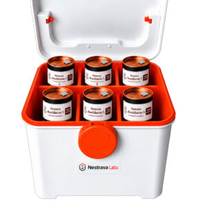 Open Nestrava RoachBarrier 5 storage case with six labeled application cans