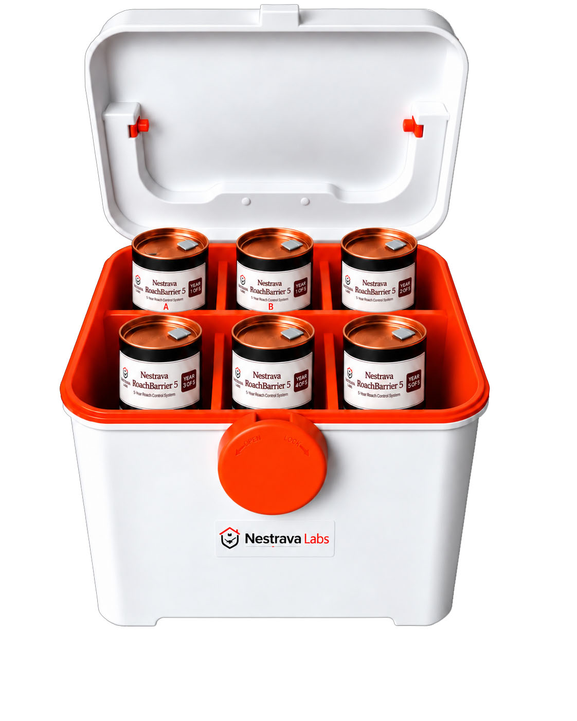 Open Nestrava RoachBarrier 5 storage case with six labeled application cans